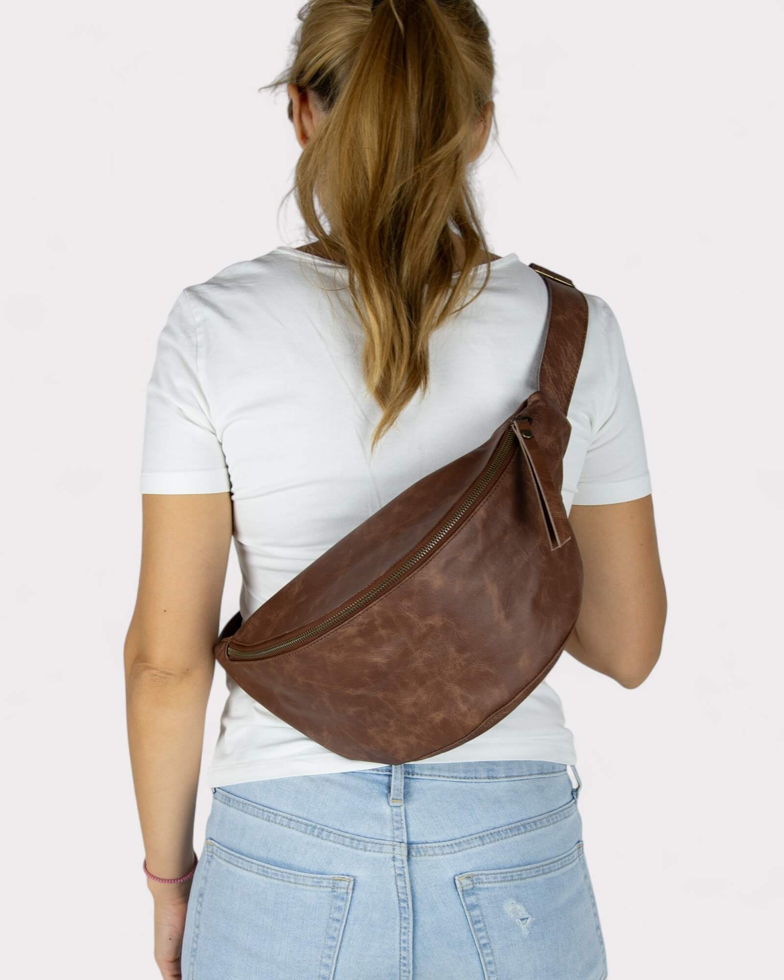 Medium Brown Distressed Leather Sling Bag - Unisex Fanny Pack