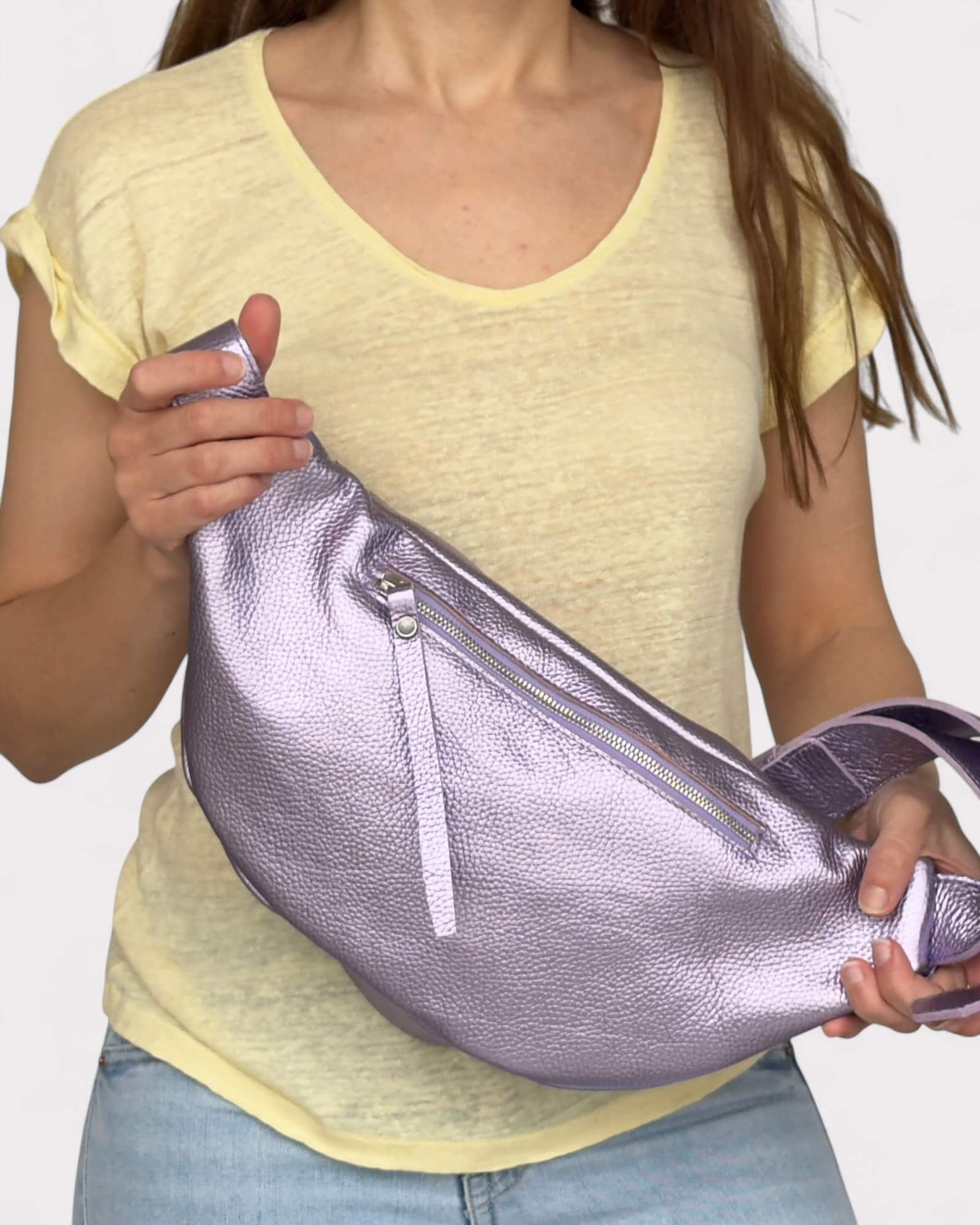 Metallic Lilac Leather Sling Bag - Soft Crossbody Fanny Pack
