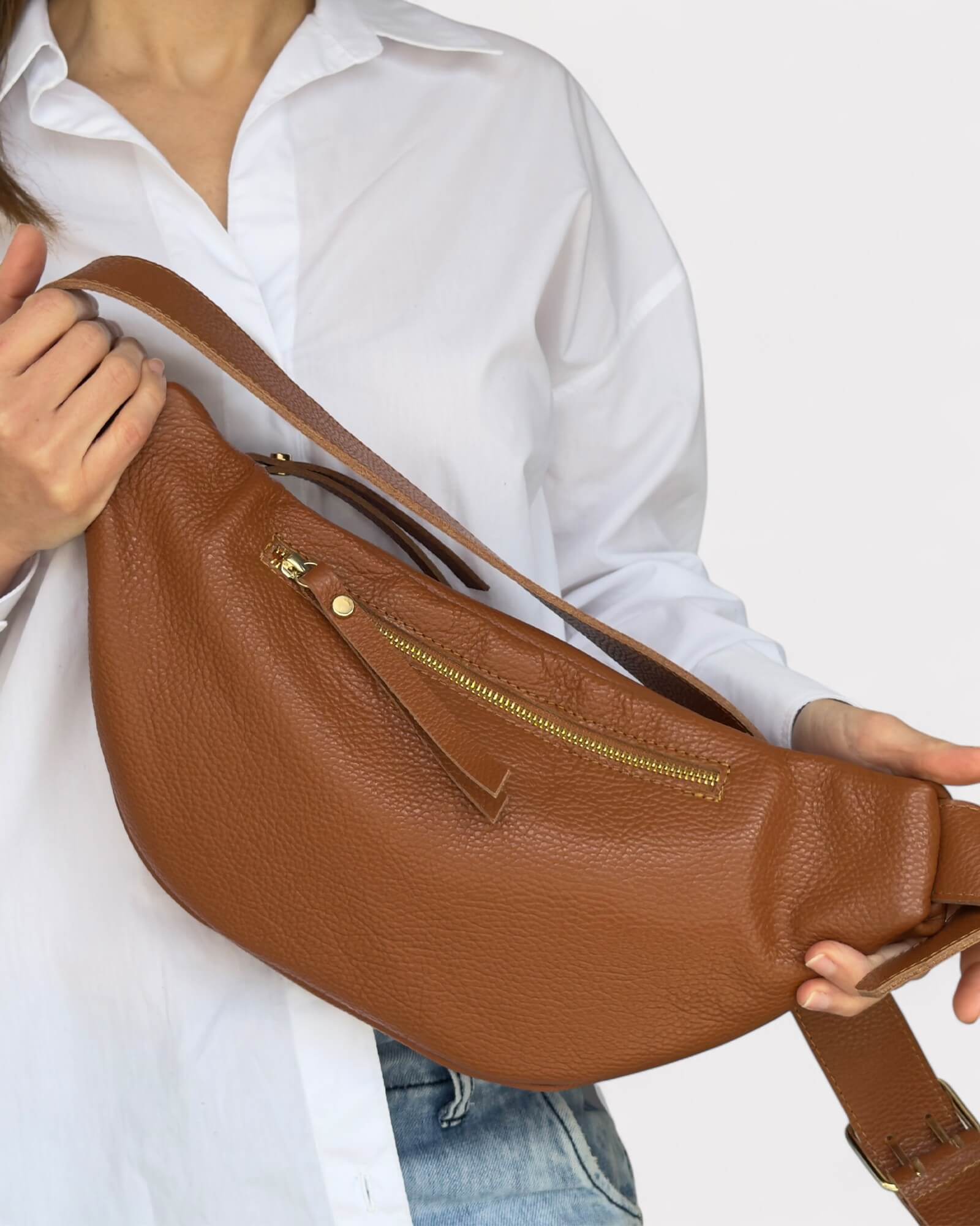 Medium Tan Leather Sling Bag - Slouchy Crossbody Fanny Pack