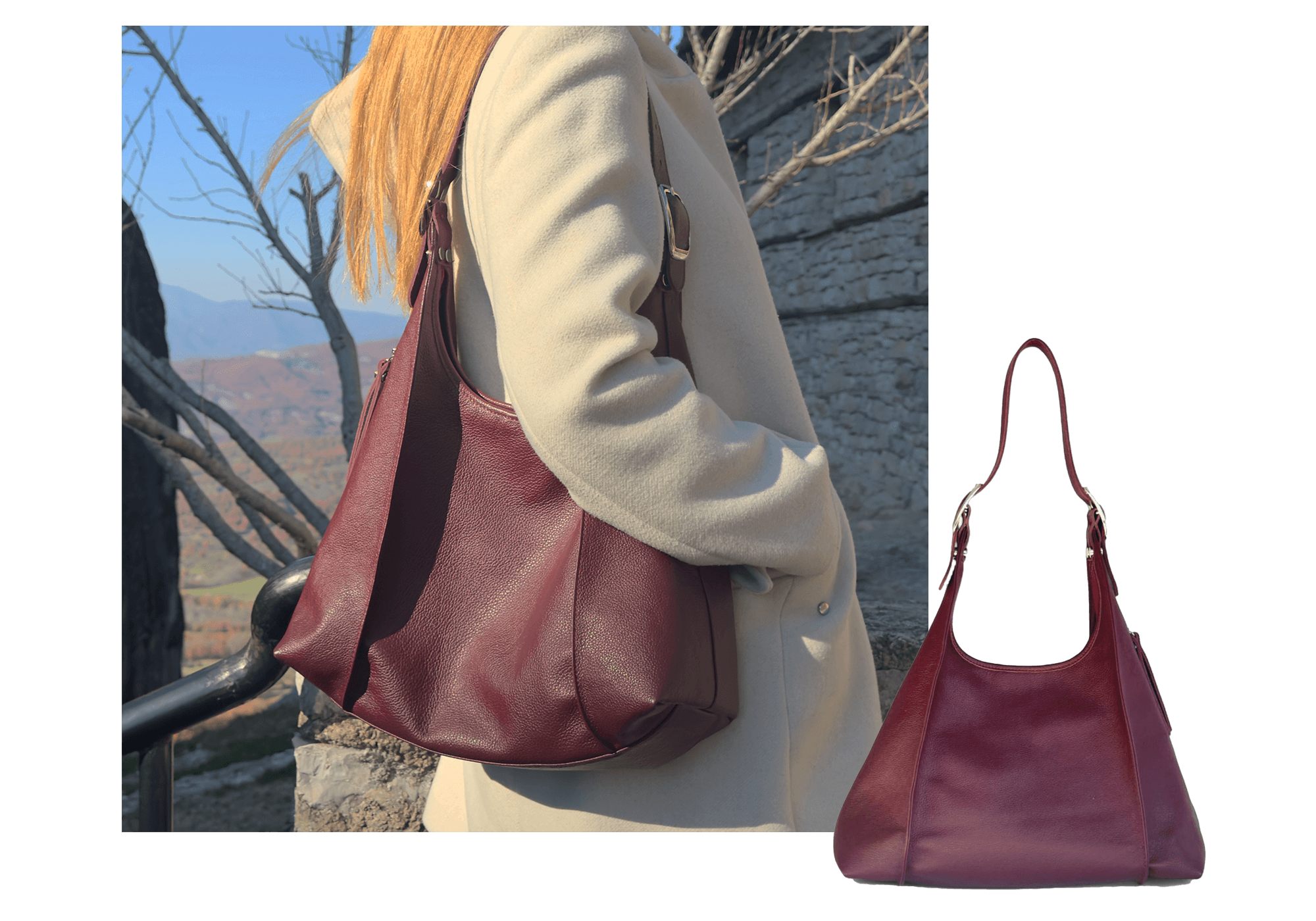 Person holding a burgundy
leather handbag with a scenic background