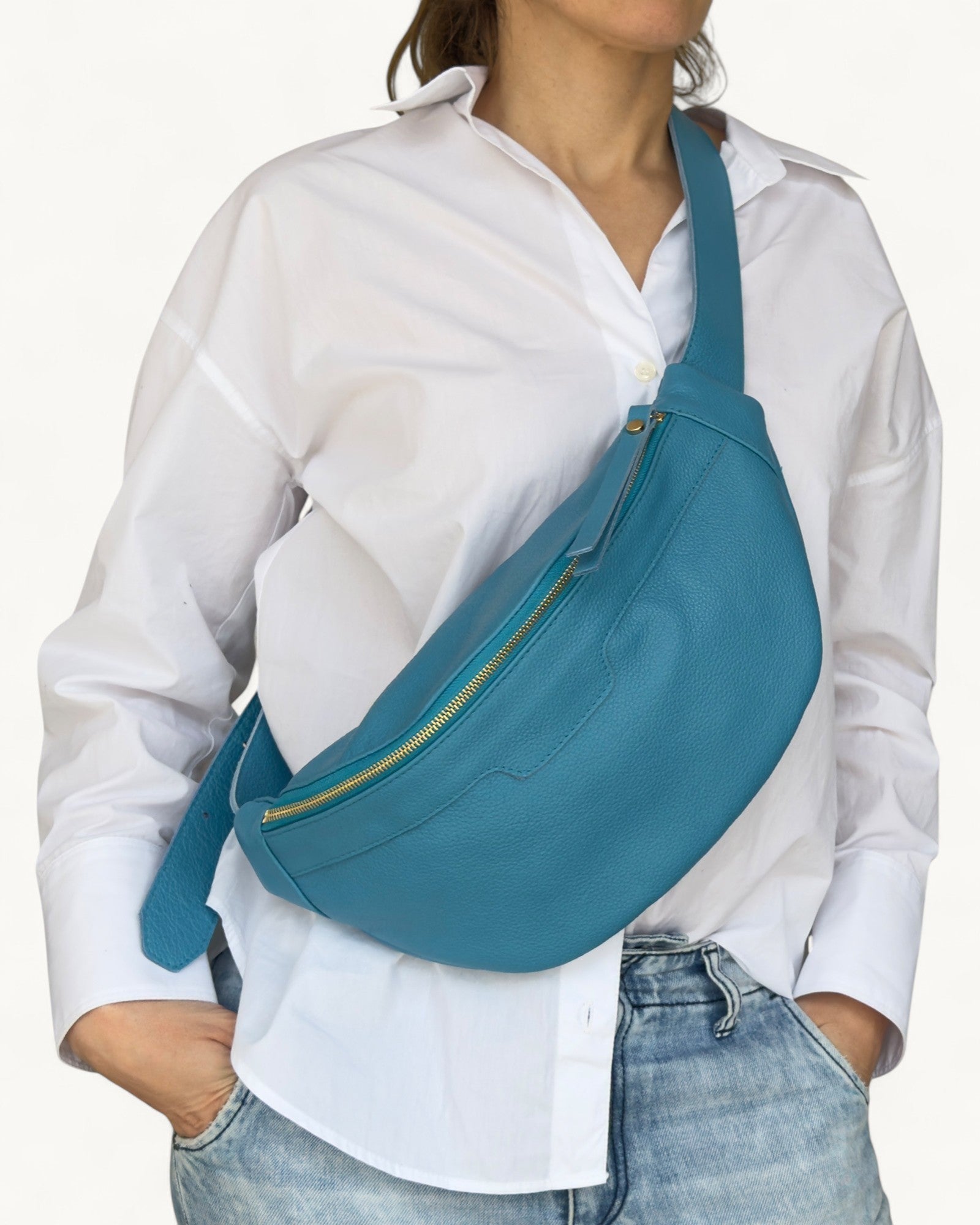 Medium Blue Leather Sling Bag - Slouchy Crossbody Fanny Pack