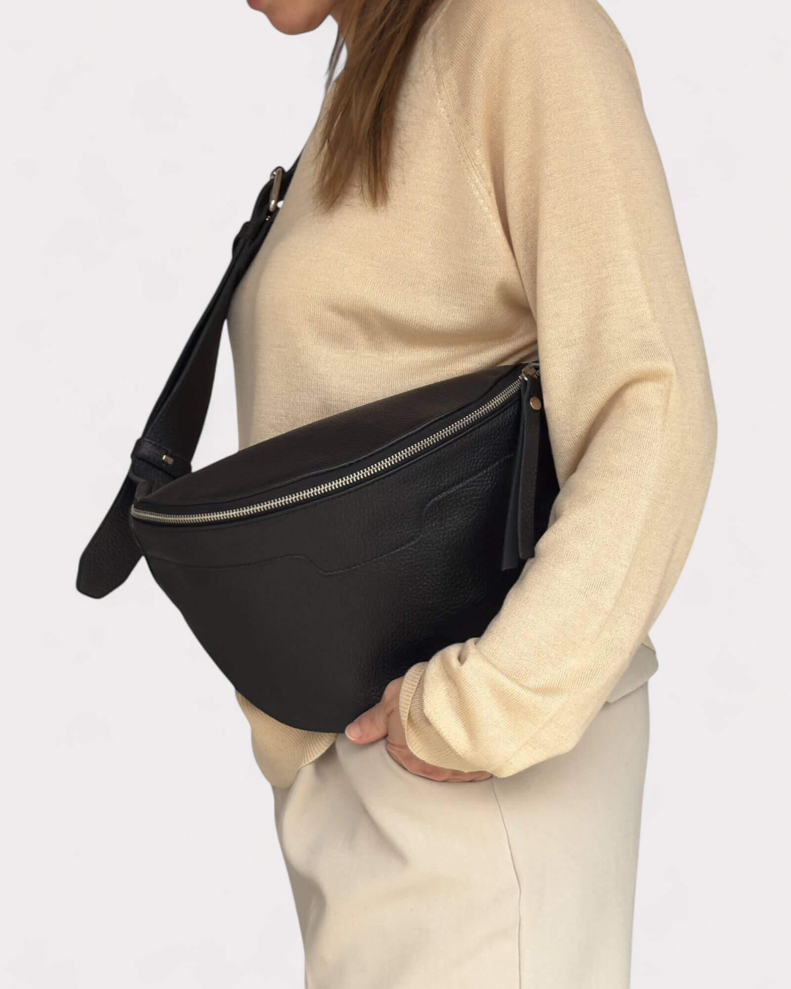 Medium Black Leather Sling Bag - Slouchy Crossbody Fanny Pack