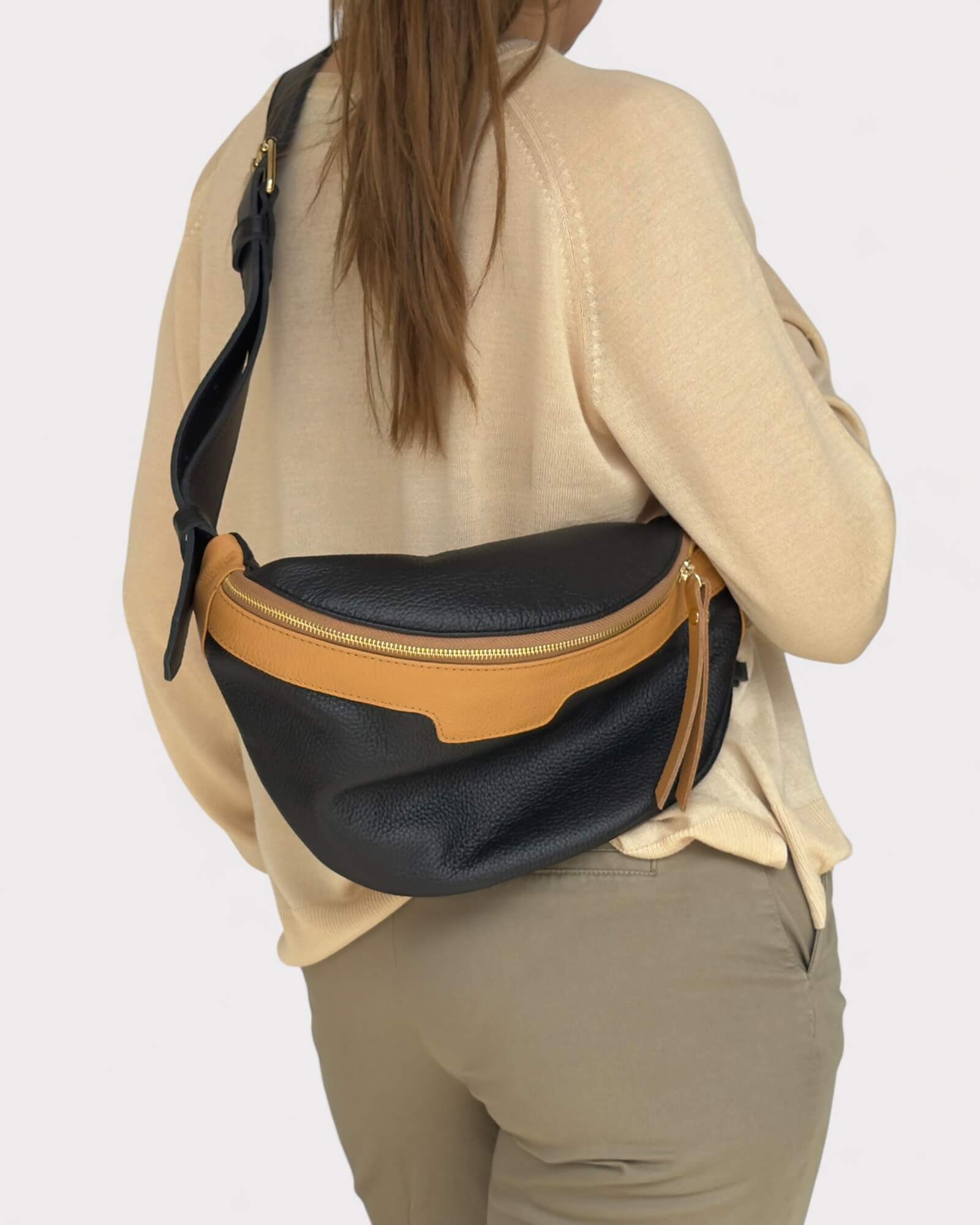 Black and Tan Leather Sling Bag - Soft Crossbody Fanny Pack