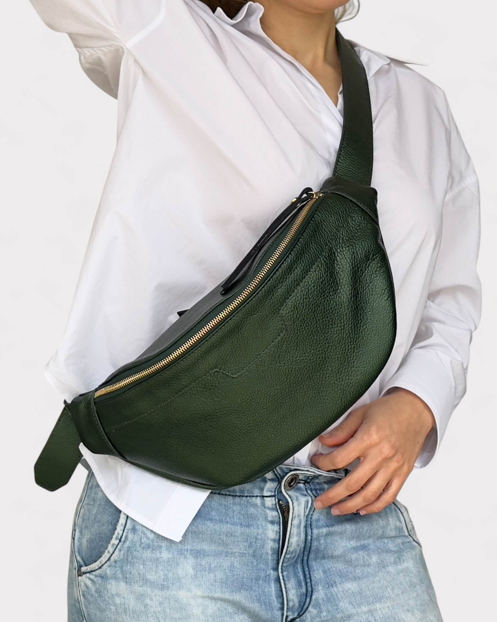 Metallic Green Leather Sling Bag - Soft Crossbody Fanny Pack