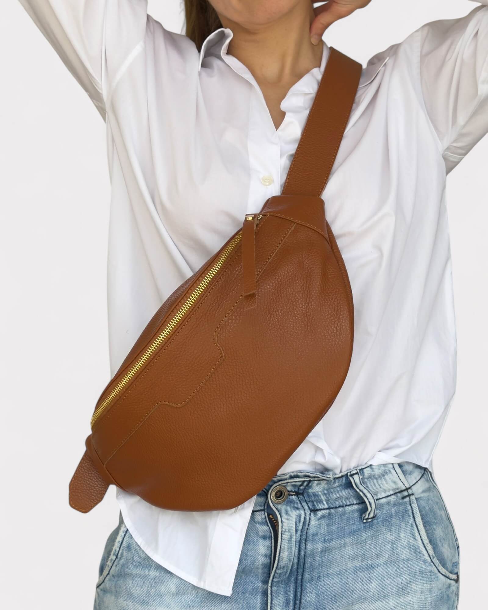 Medium Tan Leather Sling Bag - Slouchy Crossbody Fanny Pack