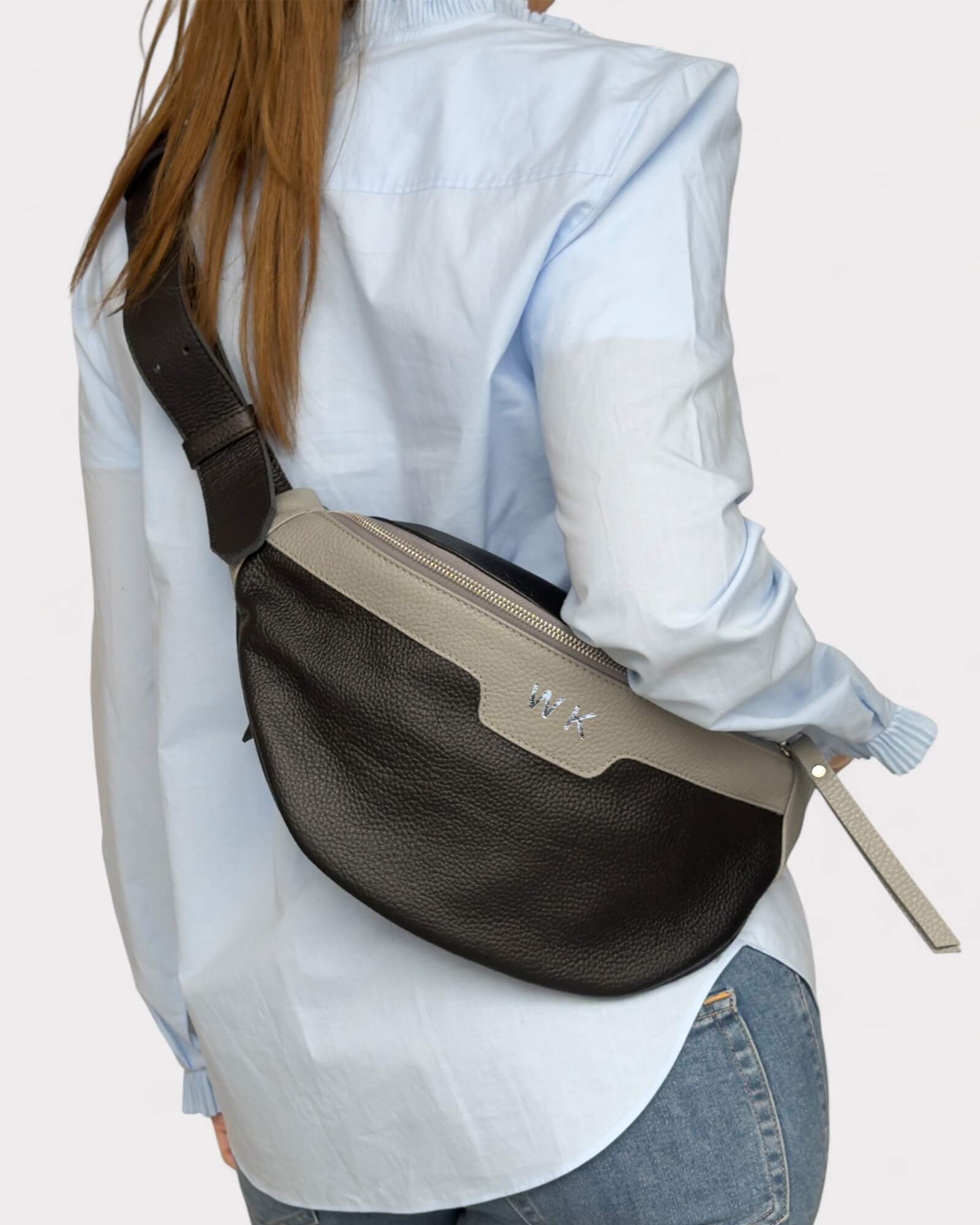 Black and Grey Leather Sling Bag - Soft Crossbody Fanny Pack