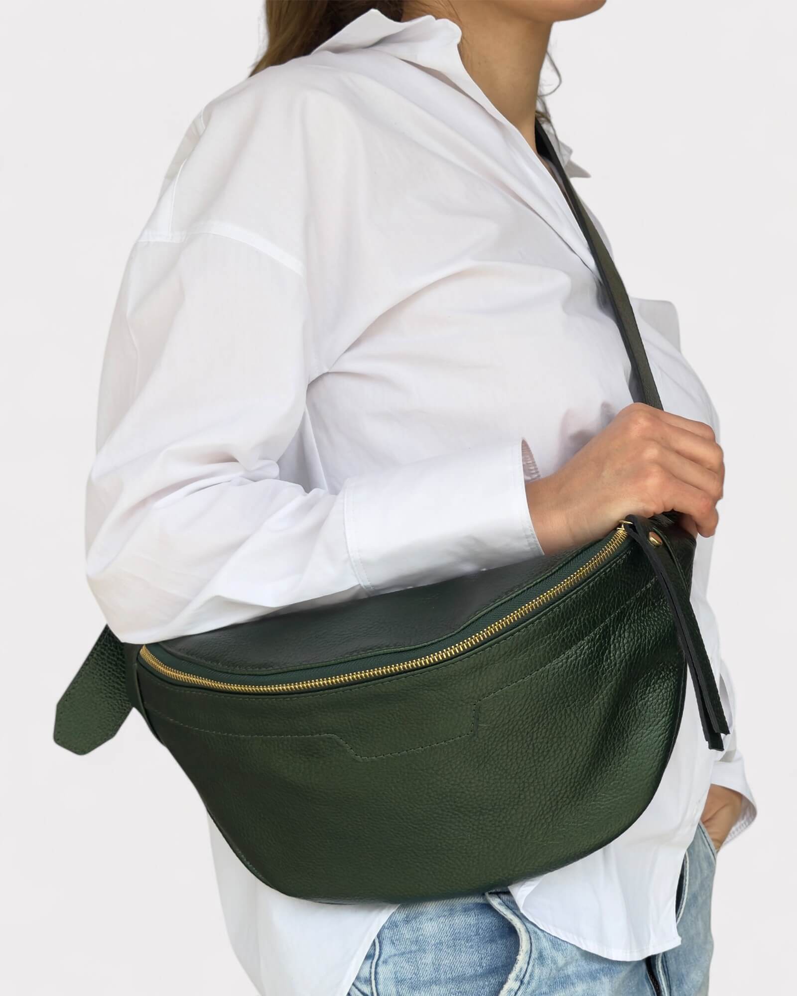 Metallic Green Leather Sling Bag - Soft Crossbody Fanny Pack