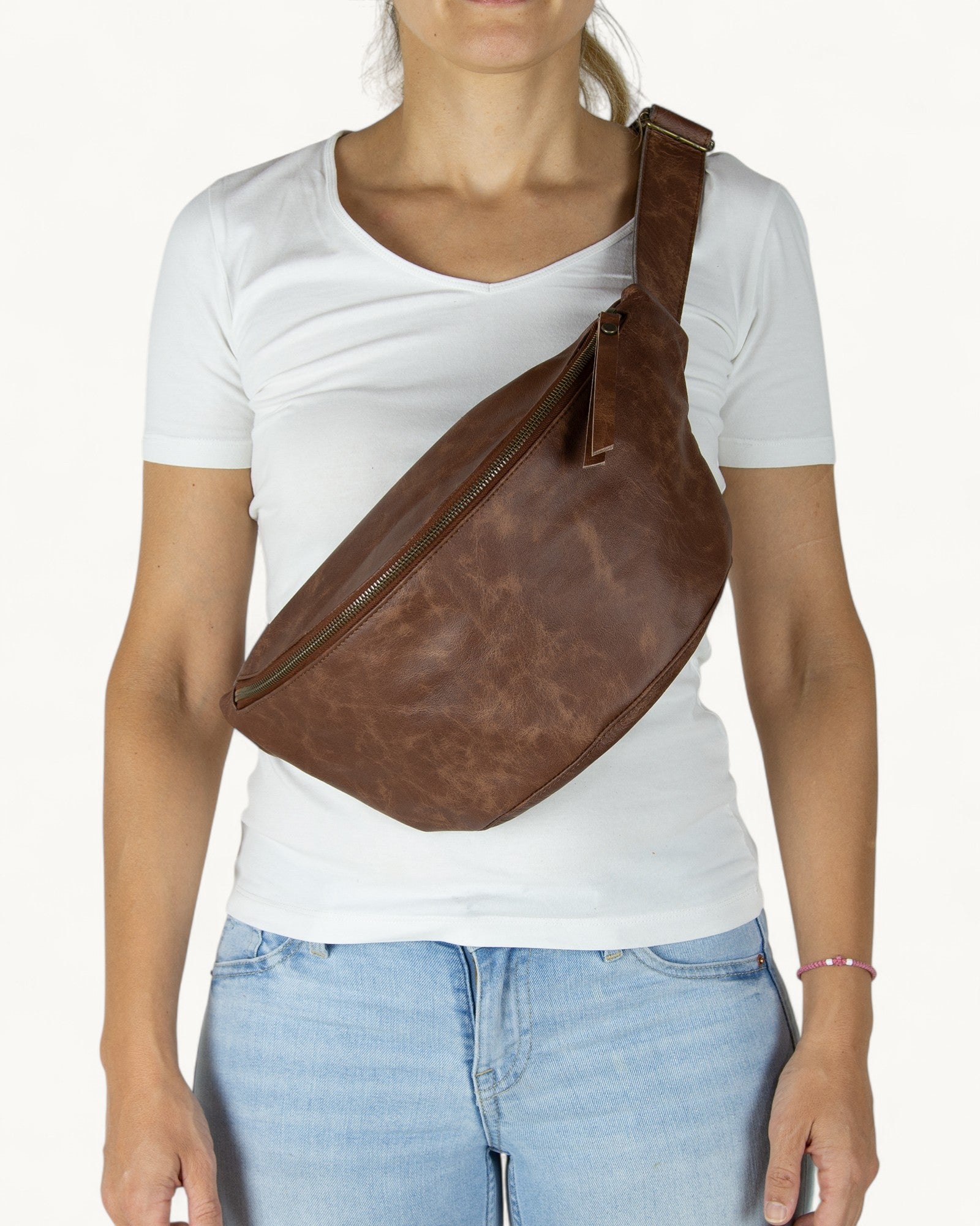 Medium Brown Distressed Leather Sling Bag - Unisex Fanny Pack