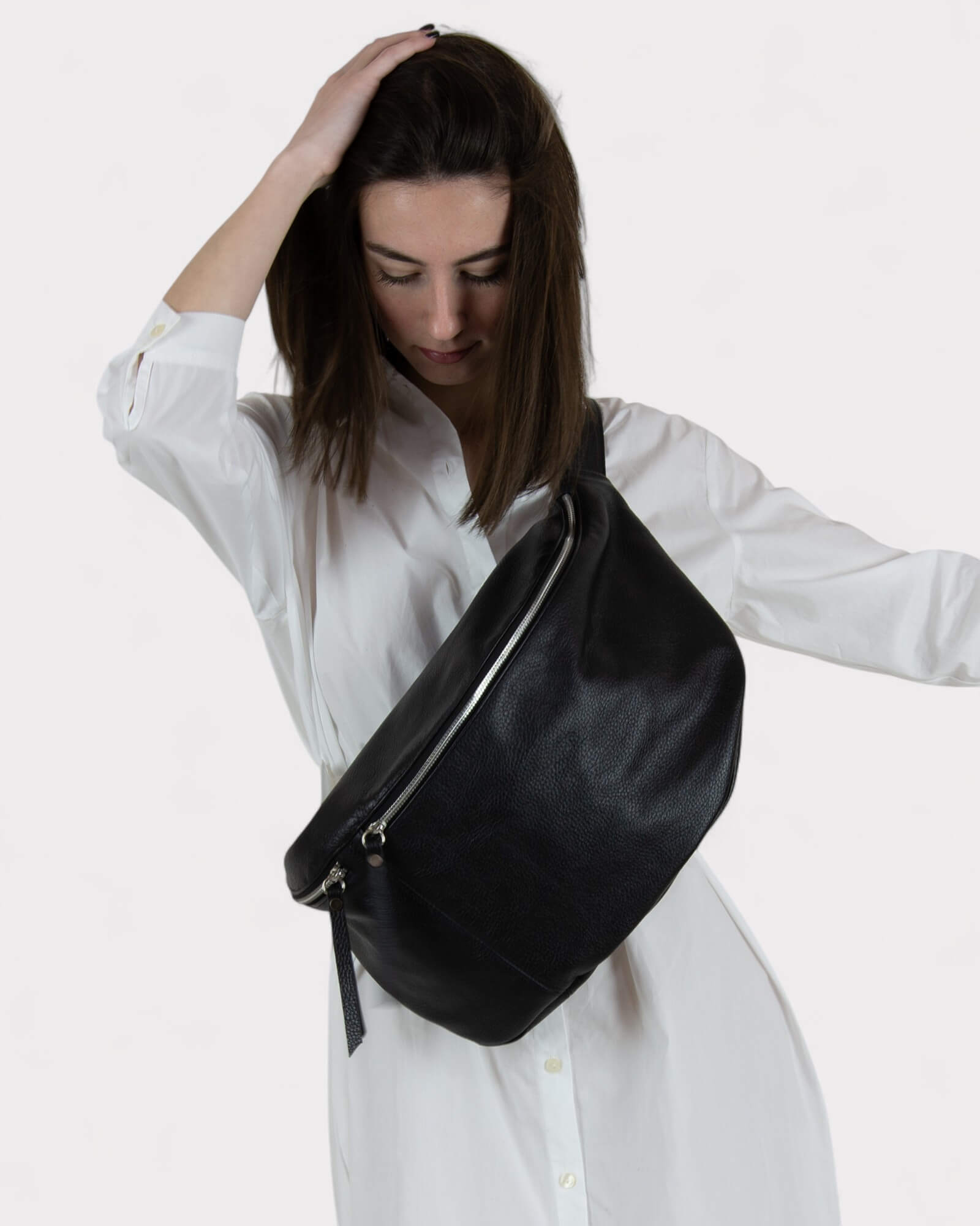 Large Black Leather Sling Bag - Oversized Fanny Pack