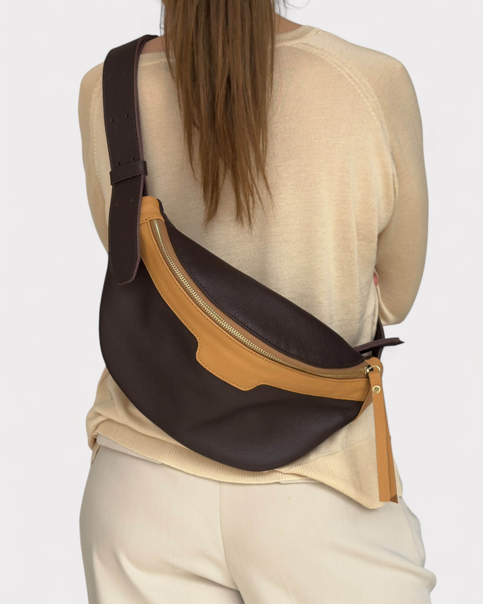 Brown and Tan Leather Sling Bag - Soft Crossbody Fanny Pack