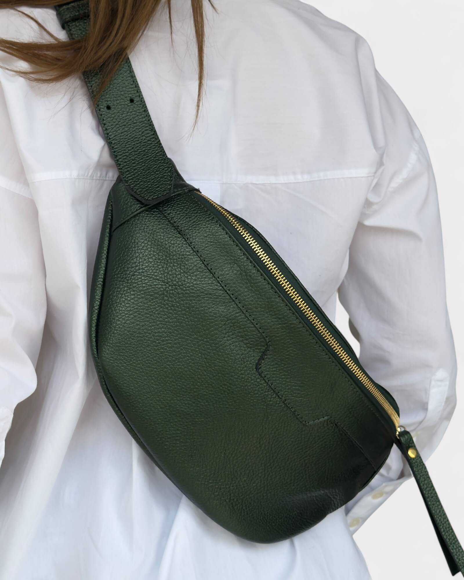 Metallic Green Leather Sling Bag - Soft Crossbody Fanny Pack