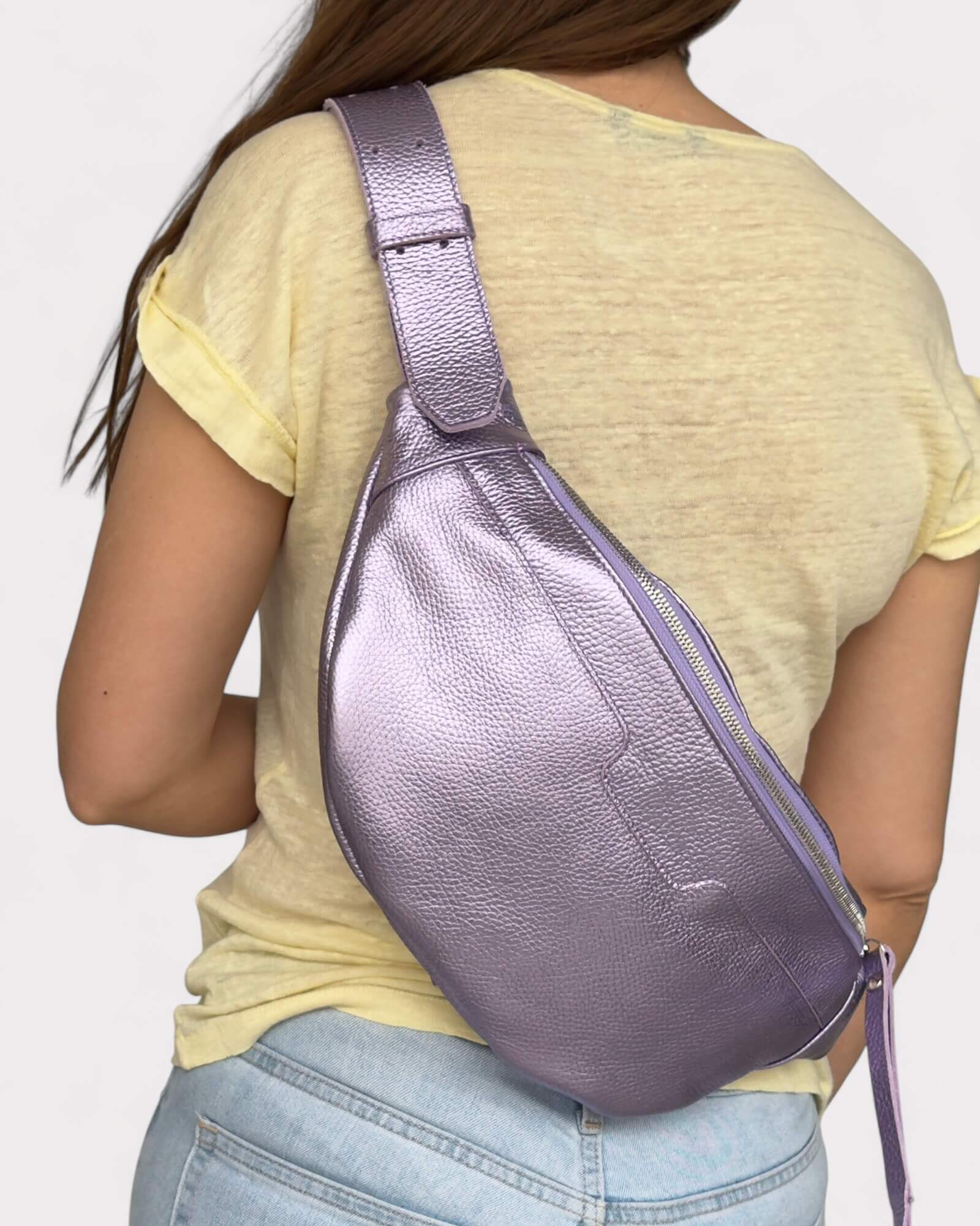 Metallic Lilac Leather Sling Bag - Soft Crossbody Fanny Pack