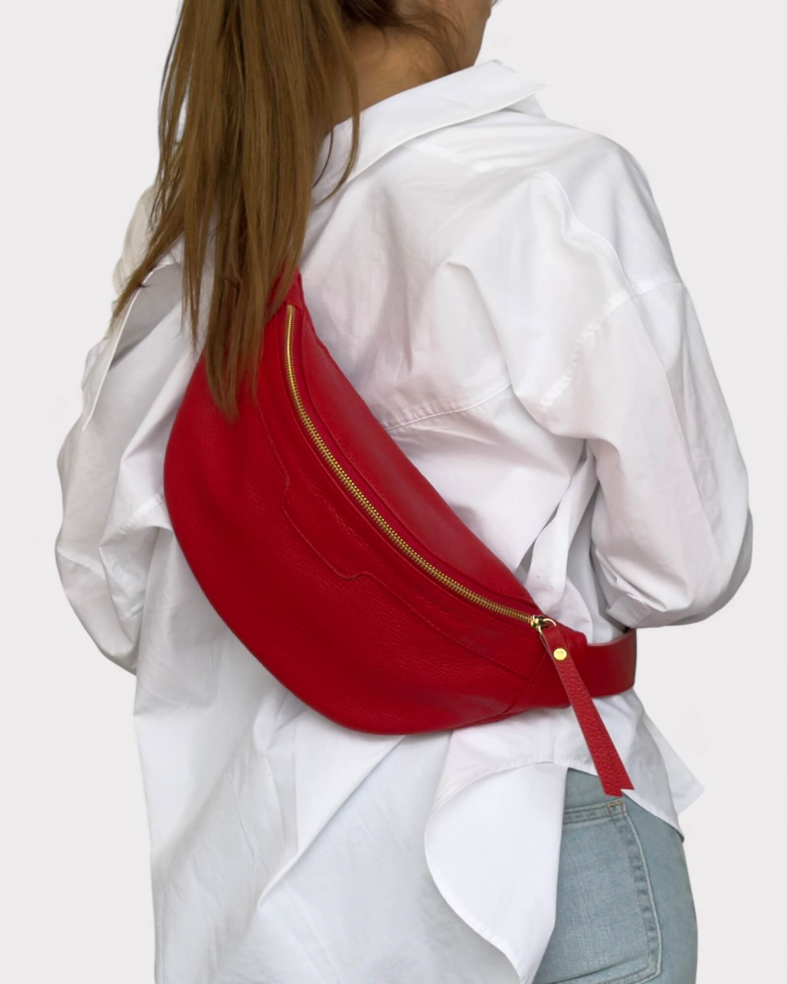 Medium Red Leather Sling Bag - Slouchy Crossbody Fanny Pack