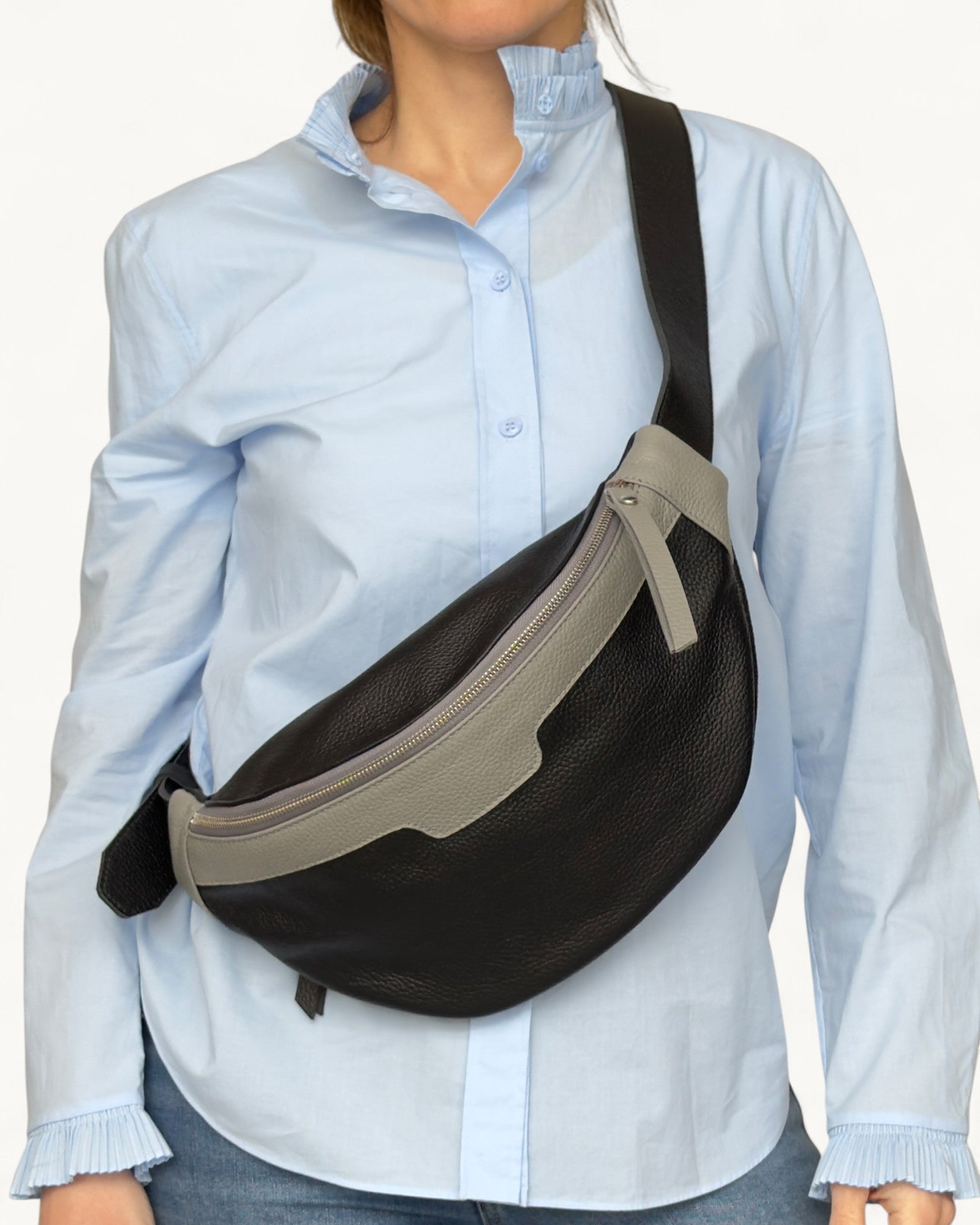 Black and Grey Leather Sling Bag - Soft Crossbody Fanny Pack