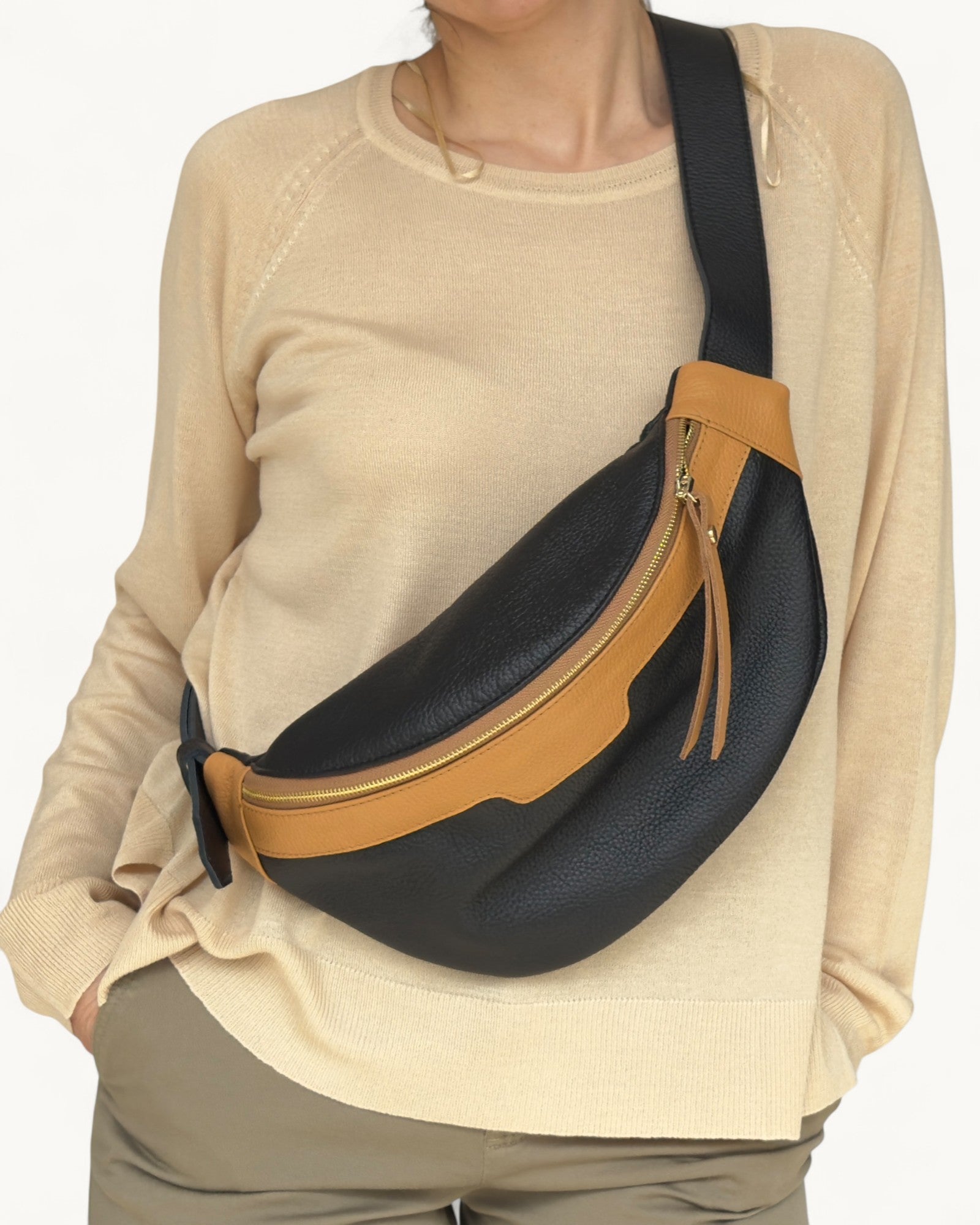 Black and Tan Leather Sling Bag - Soft Crossbody Fanny Pack