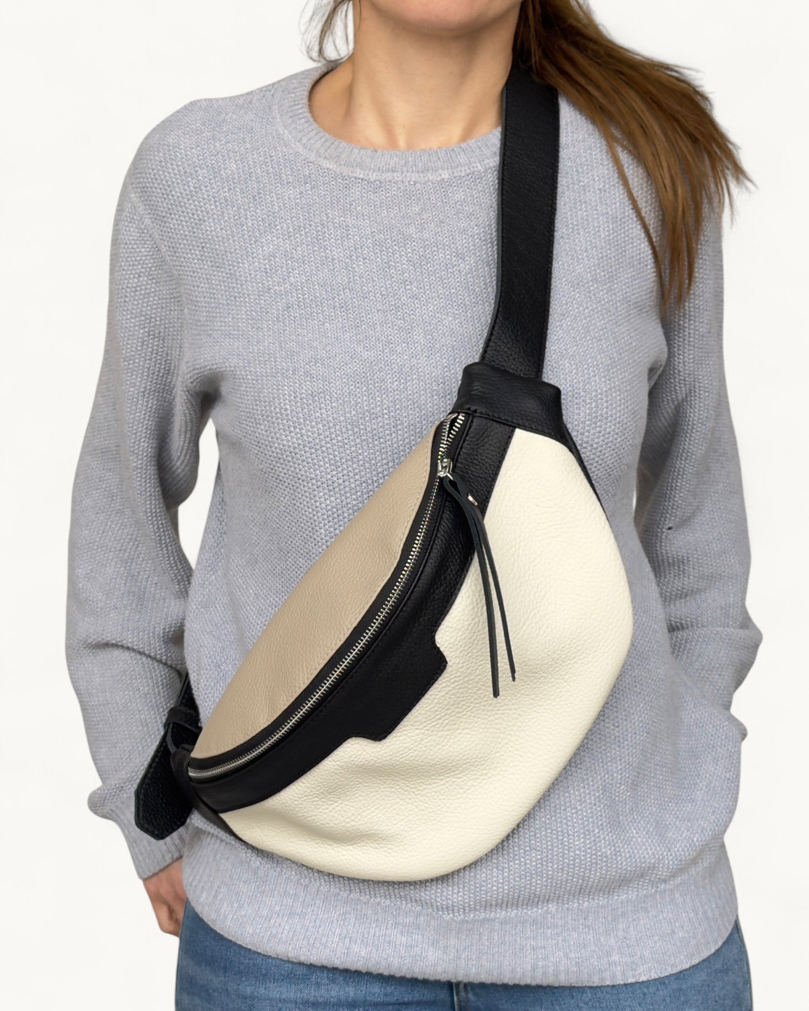 Black and White Leather Sling Bag - Soft Crossbody Fanny Pack