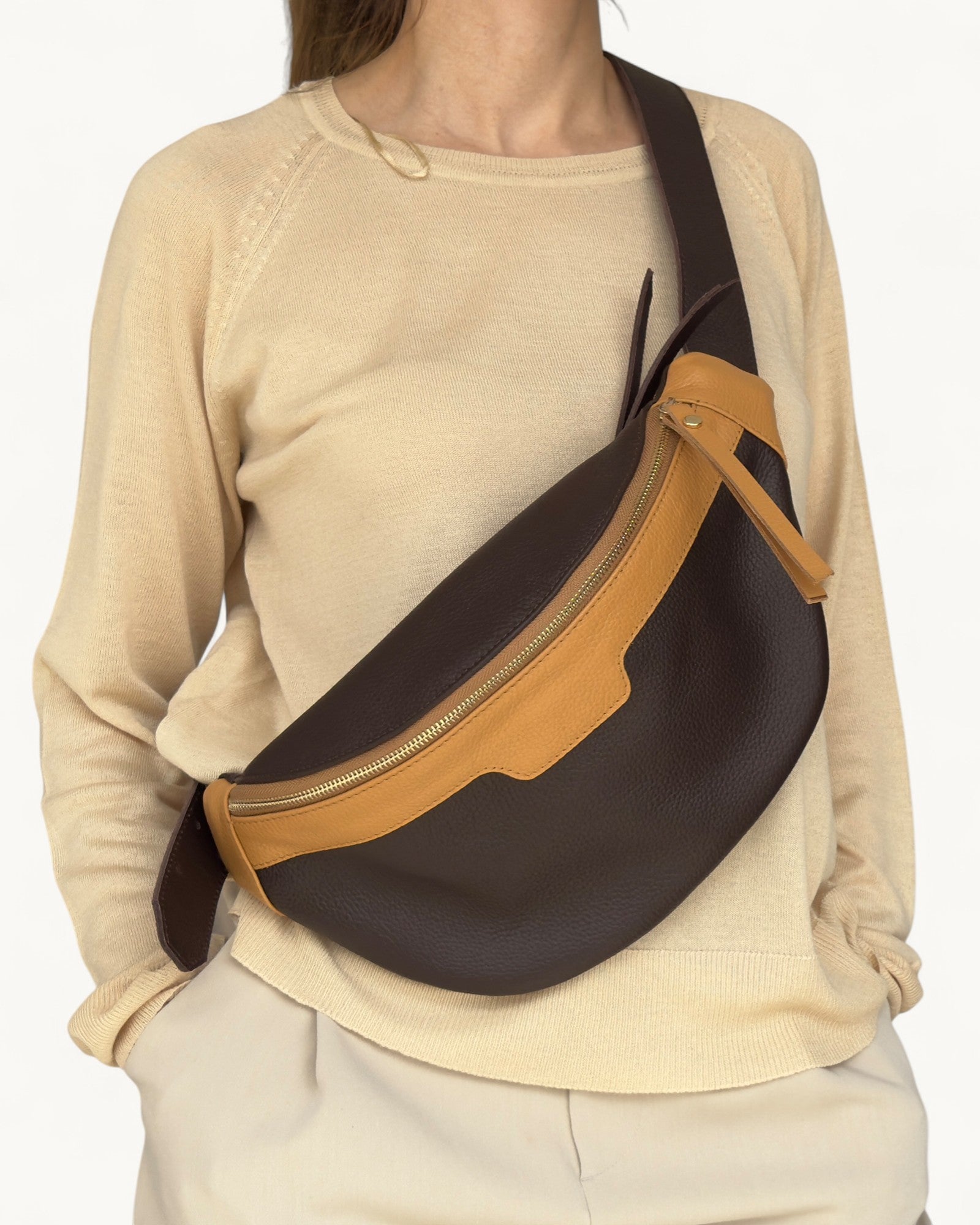 Brown and Tan Leather Sling Bag - Soft Crossbody Fanny Pack