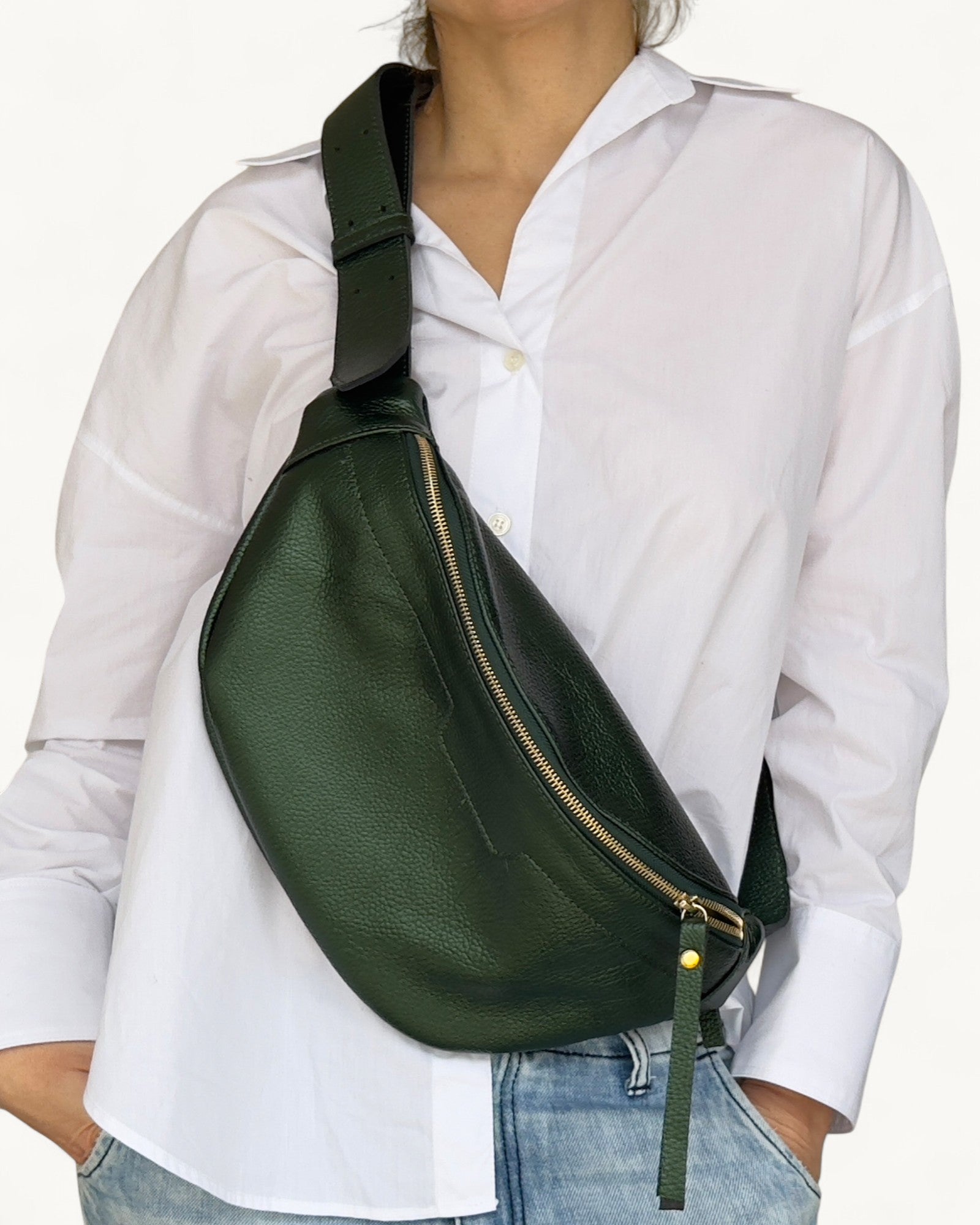Metallic Green Leather Sling Bag - Soft Crossbody Fanny Pack