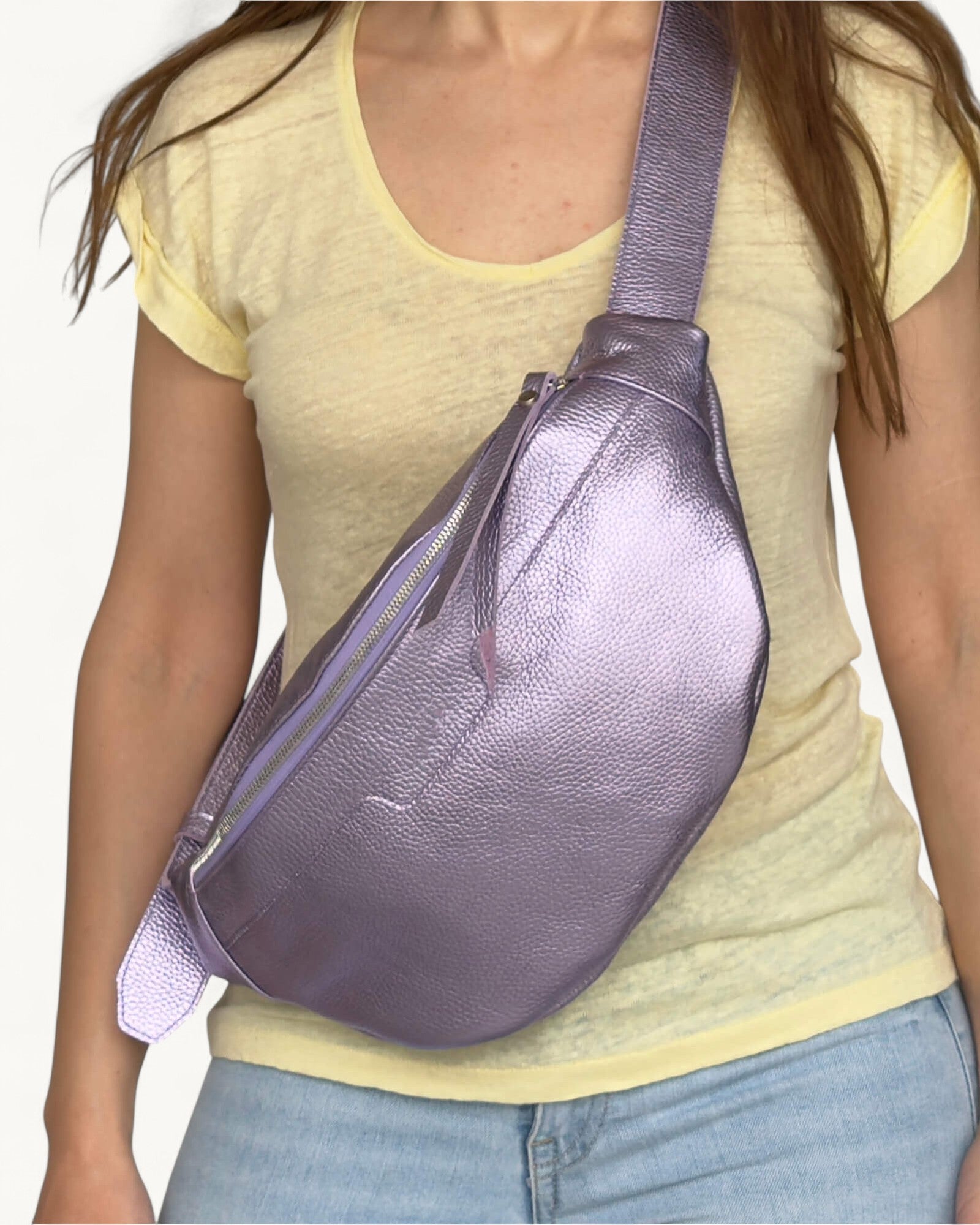 Metallic Lilac Leather Sling Bag - Soft Crossbody Fanny Pack