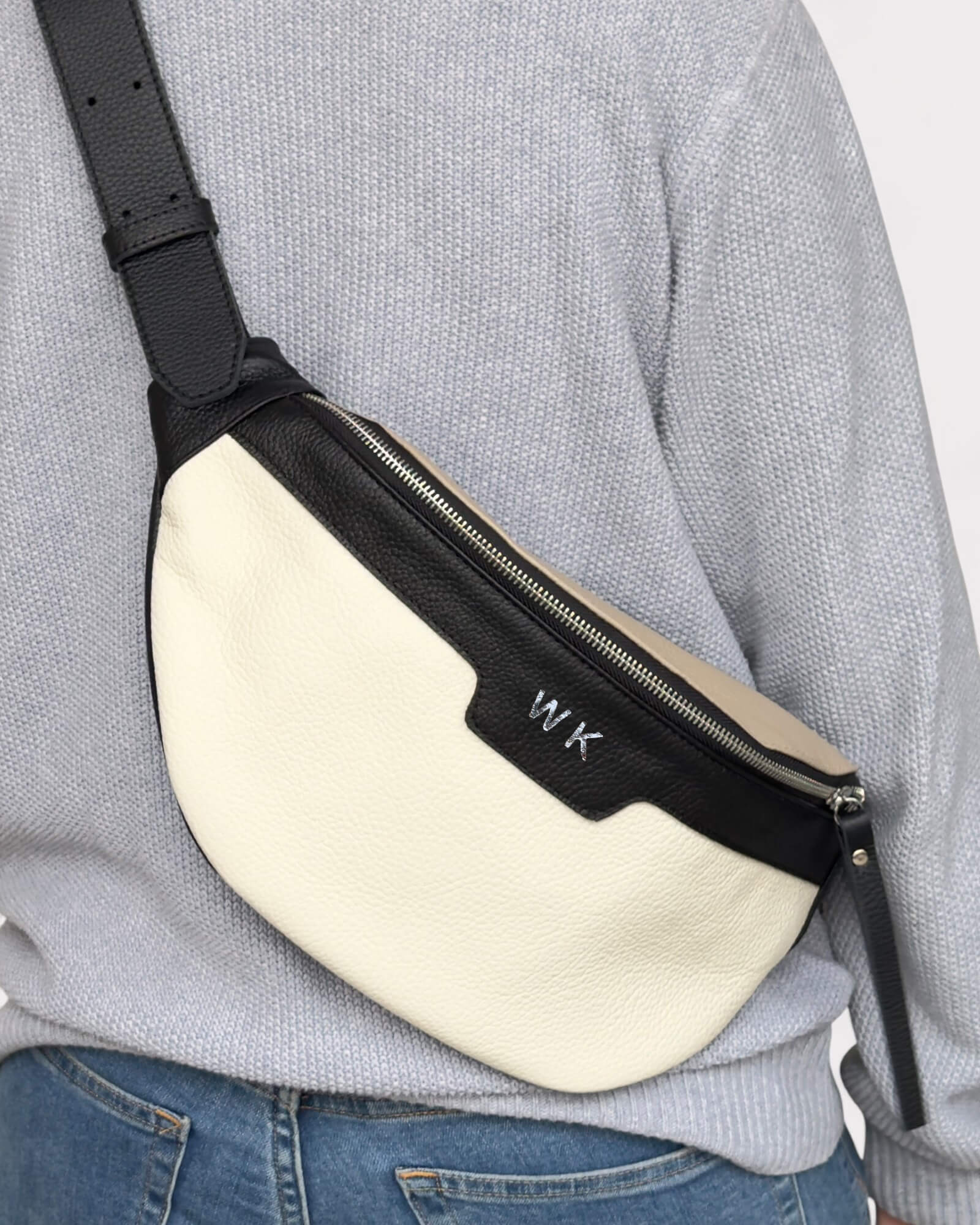 Black and White Leather Sling Bag - Soft Crossbody Fanny Pack