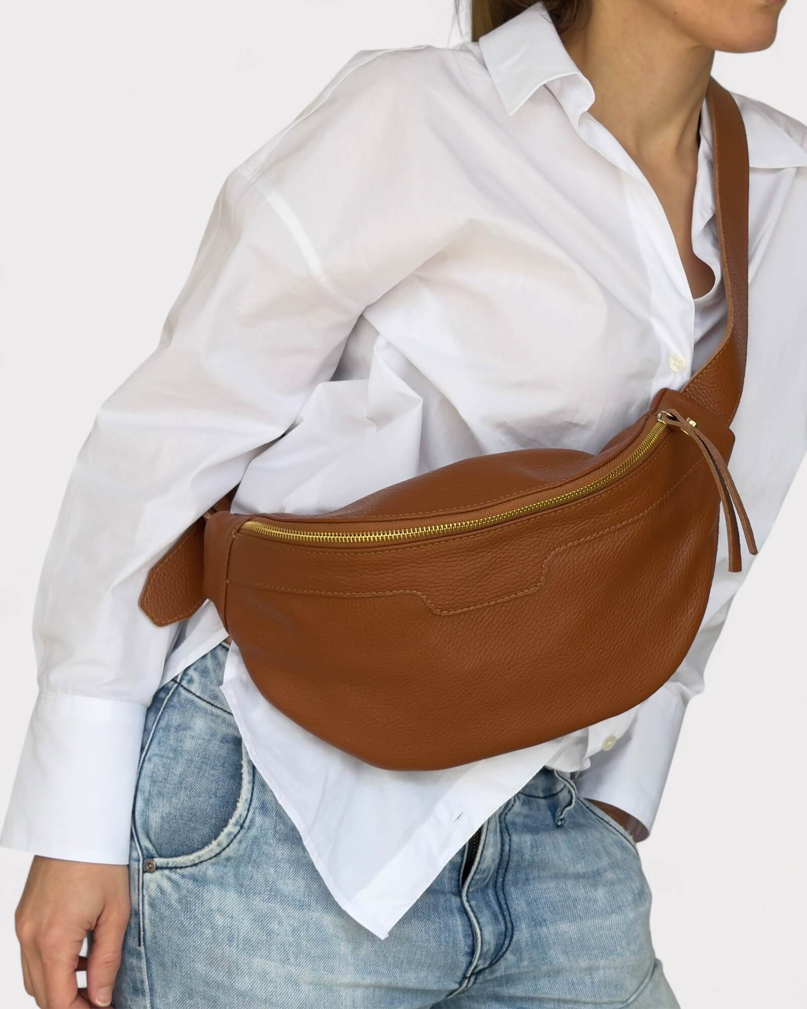 Medium Tan Leather Sling Bag - Slouchy Crossbody Fanny Pack