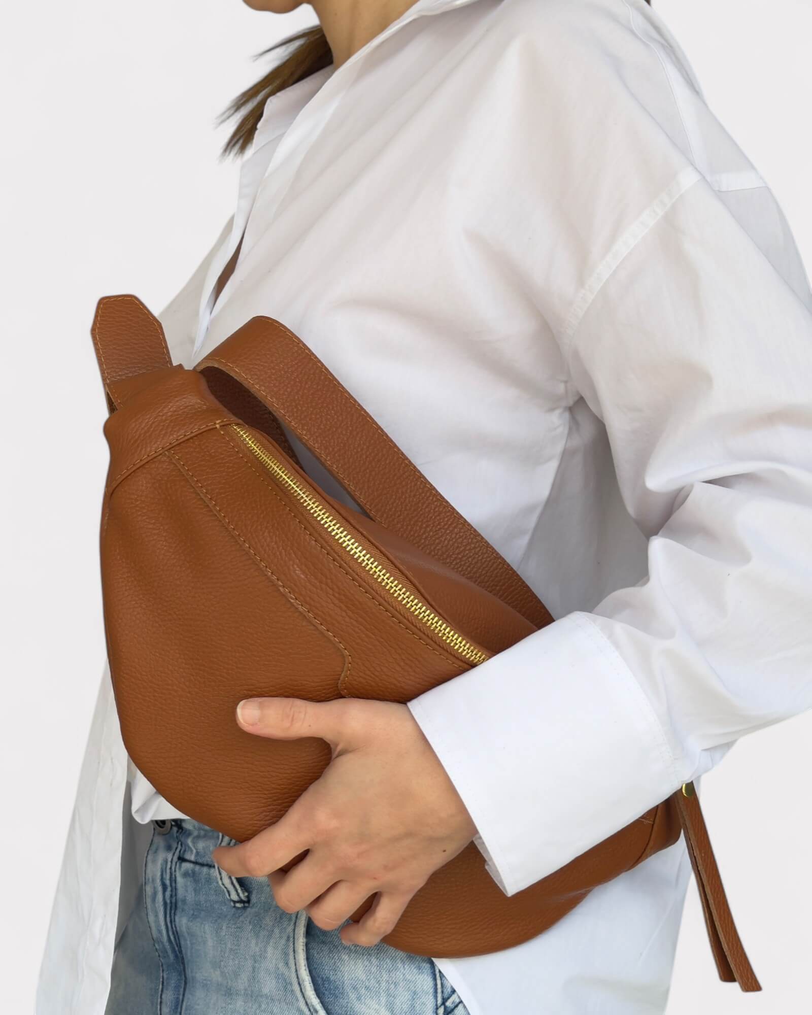 Medium Tan Leather Sling Bag - Slouchy Crossbody Fanny Pack